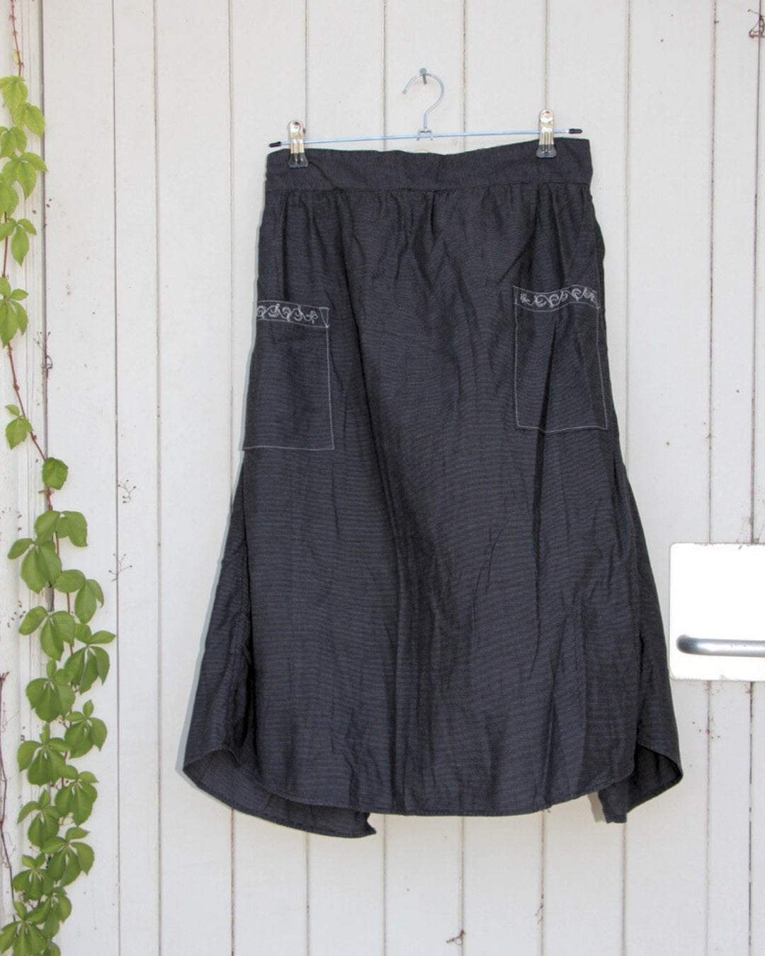 Hand Embroidered Gathered Half Apron - Dark Grey