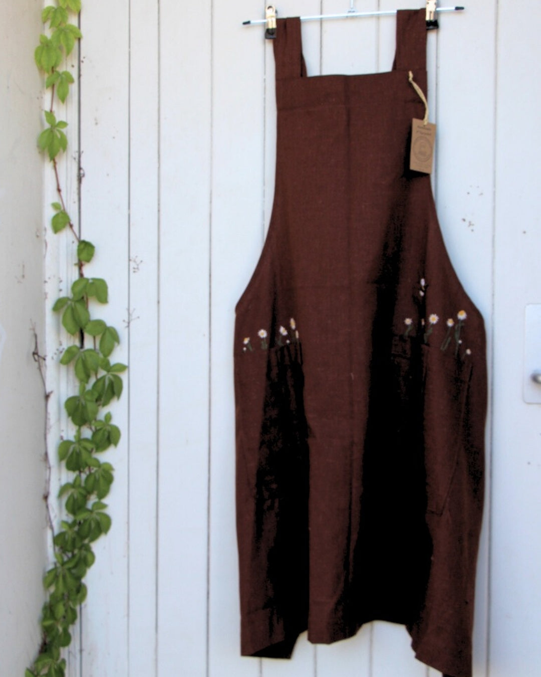 Hand Embroidered Japanese Style Crossback Apron - Red Clay Brown