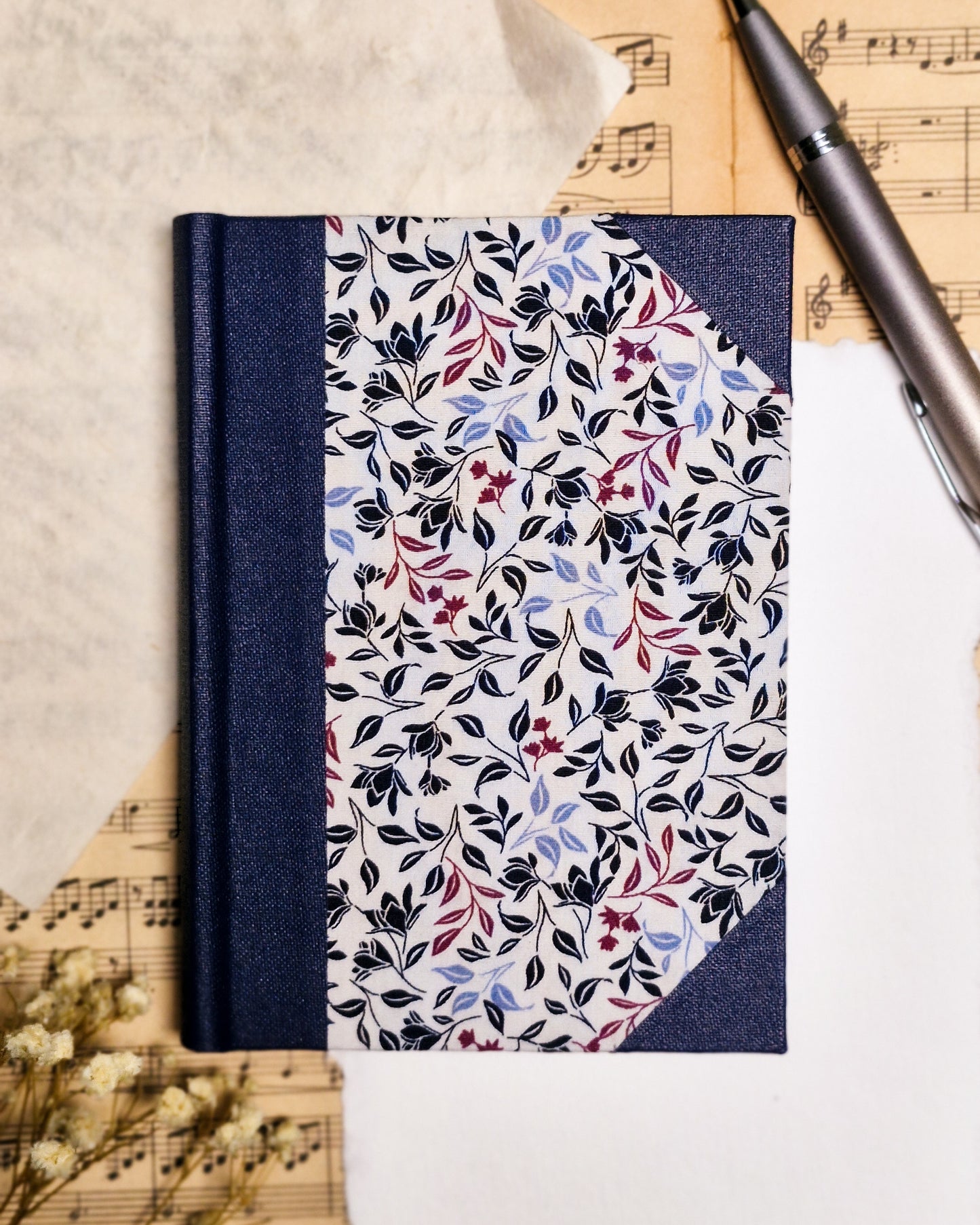 Rounded Fabric Half-Bound Journal - Navy Magnolia